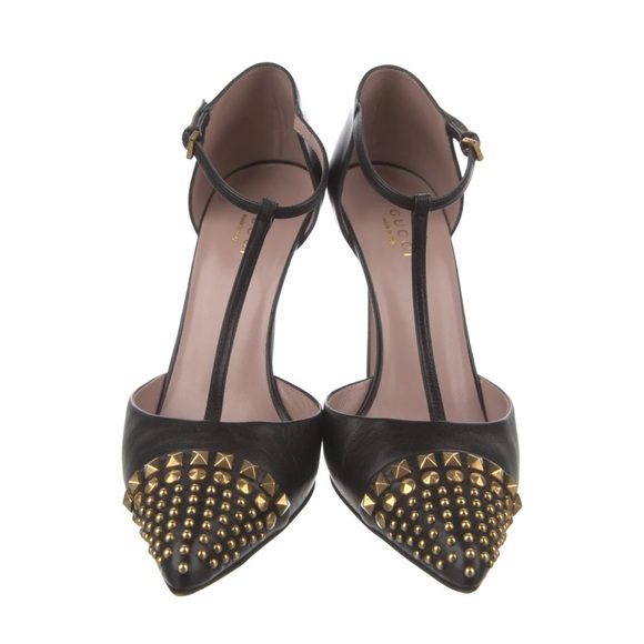 GUCCI Coline black leather gold studded pointed toe Mary Jane T-strap heels - Picture 2 of 5